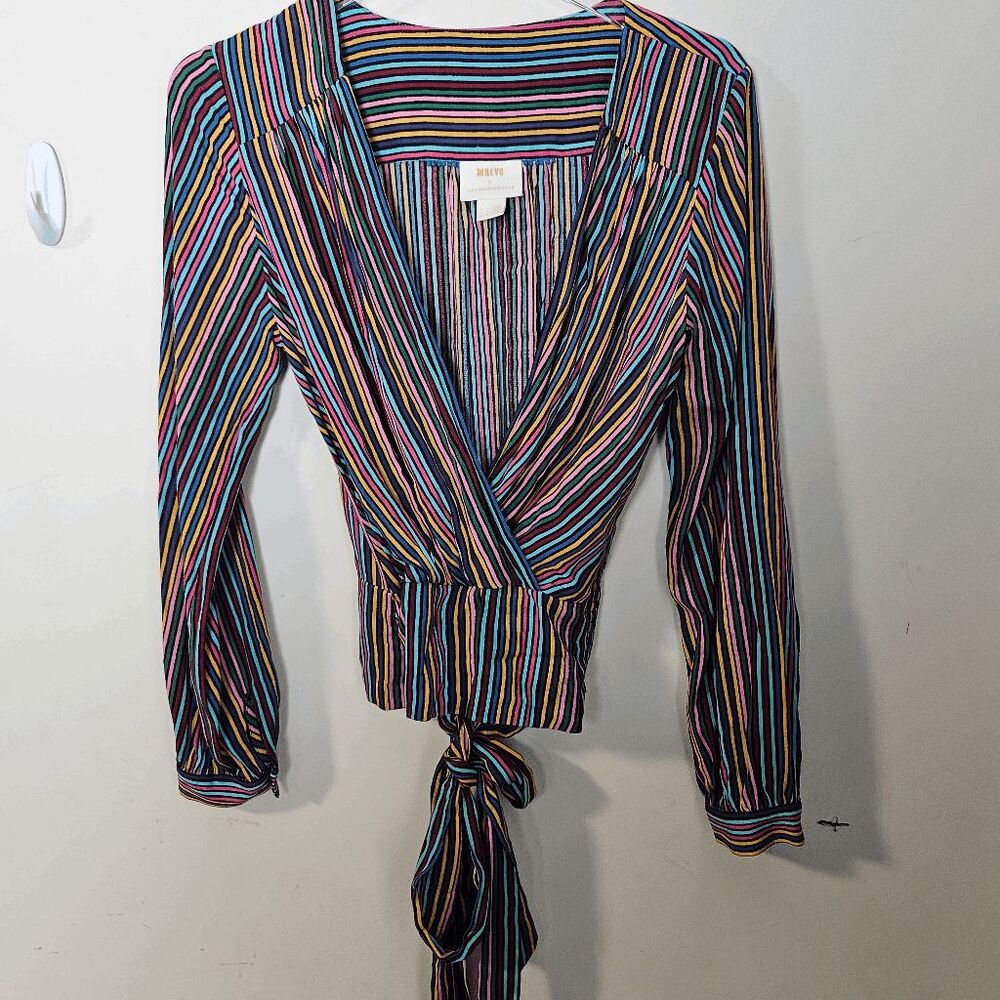 Maeve Anthropologie Lisa Rainbow Wrap Tie Front V-Neck Striped Blouse Women's Mu